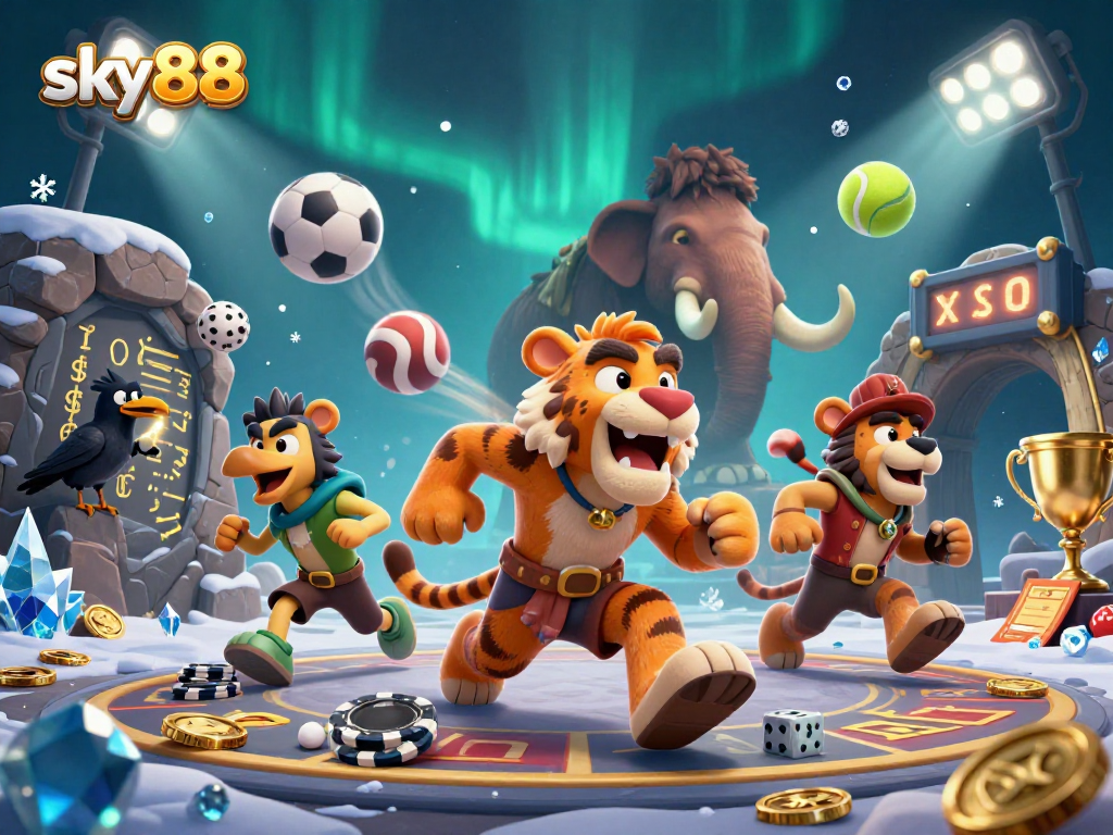 Celebrate victories at sky88 with thrilling sports betting action in a 3D prehistoric casino scene.