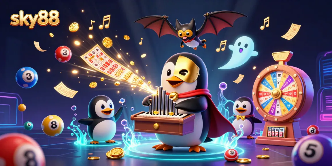 Experience the excitement of sky88 with golden coins and colorful lottery elements in a vibrant casino scene.