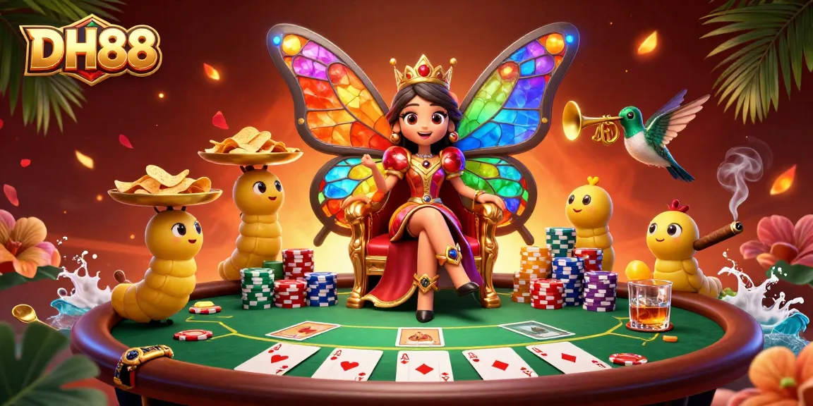 Experience thrilling play at DH88 with vibrant casino elements featuring a butterfly queen and poker treasures.