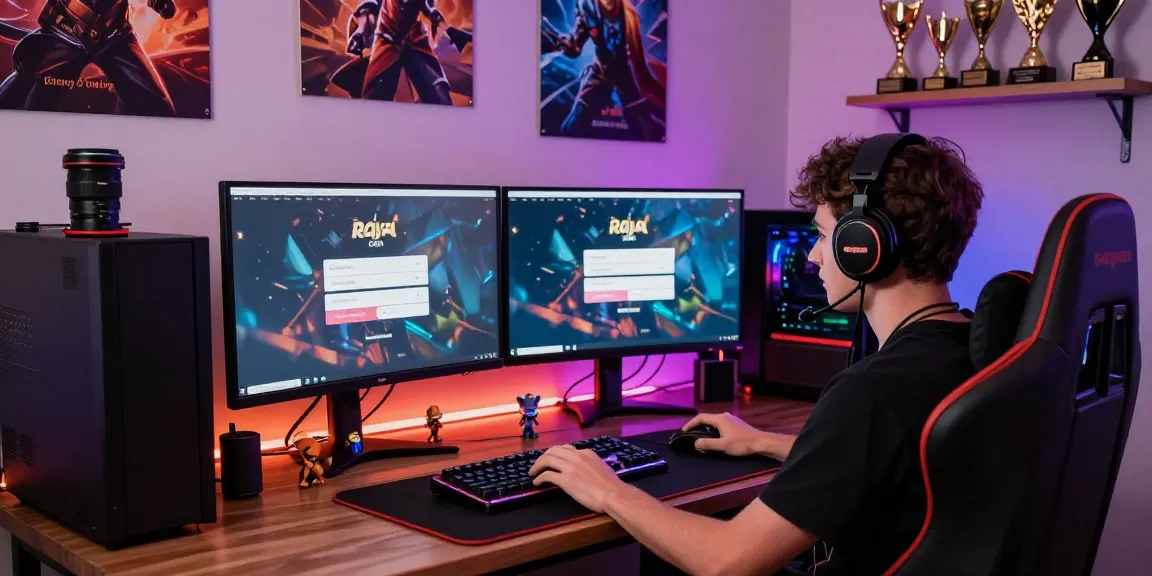 Engaged gamer on Raja Game login page, showcasing a dynamic gaming setup with vibrant RGB lighting and gaming accessories.