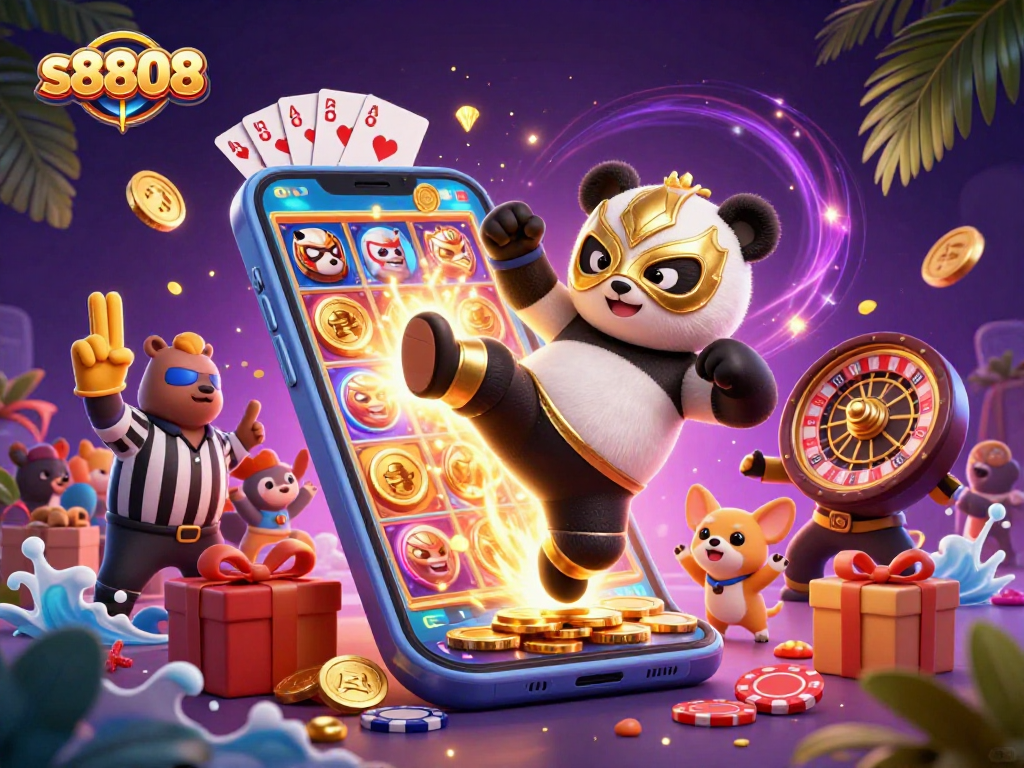 Engage with s8808 as panda wrestler kicks while coins and slot games surround an animated scene.