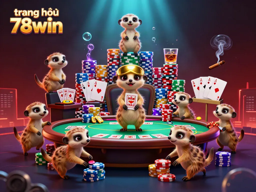 Experience excitement at trang chủ 78win with a dynamic casino scene featuring meerkats as dealers and players.