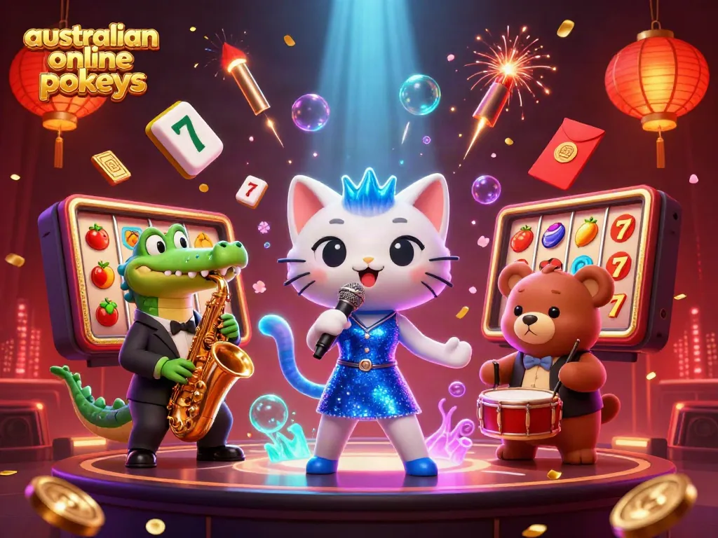 Engage with australian online pokies through vibrant slot reels and festive symbols in a lively casino scene