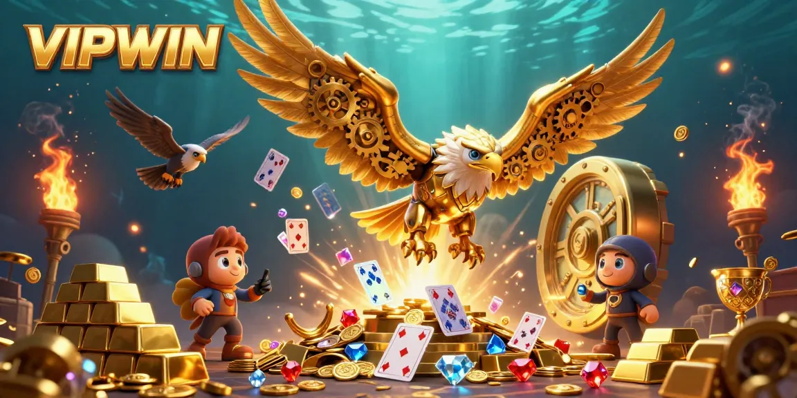 Experience thrilling wins at VIPWIN with an ultra-detailed 3D illustration of an eagle amidst cascading playing cards and treasure.