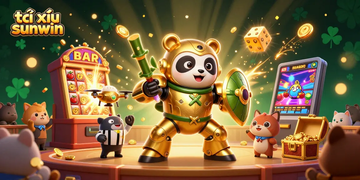 Experience the thrill of tài xỉu sunwin as a golden panda battles with casino elements in an energetic 3D scene.