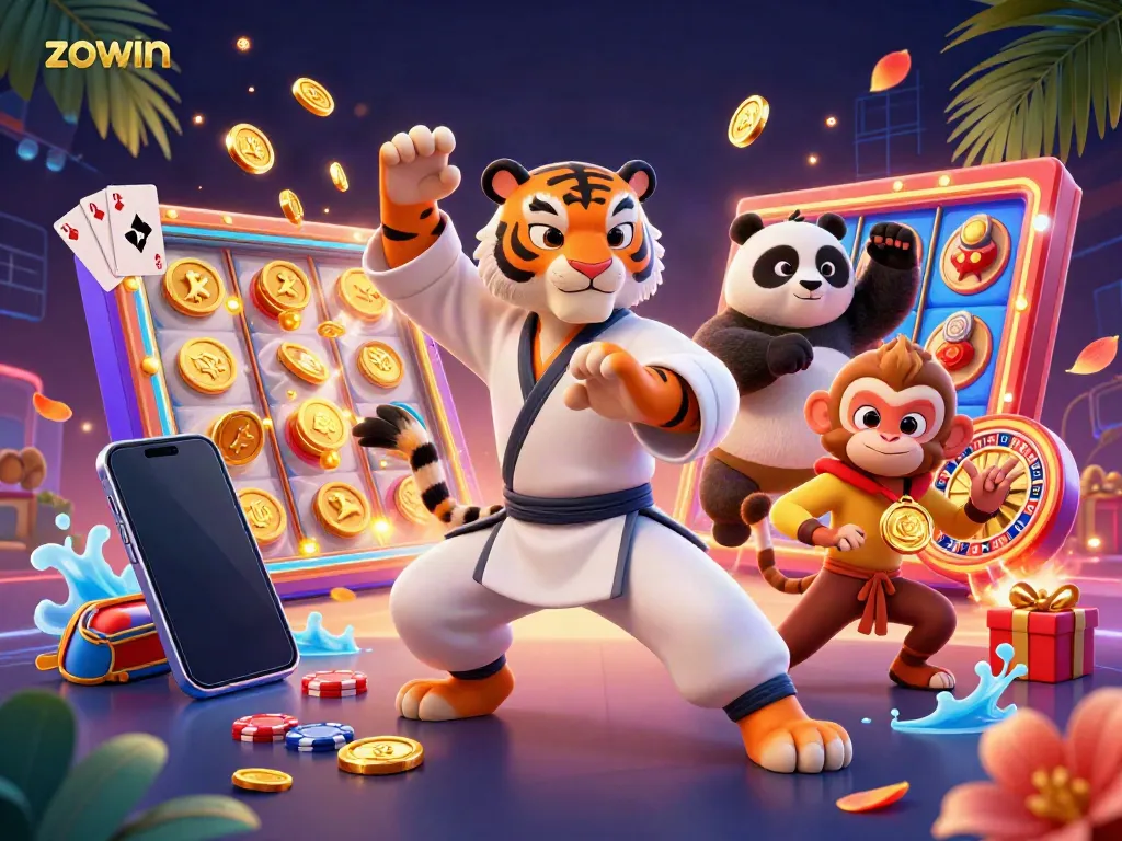 Zowin showcases an energetic casino scene with a kung fu tiger, panda, and monkey surrounded by vibrant slot game elements.
