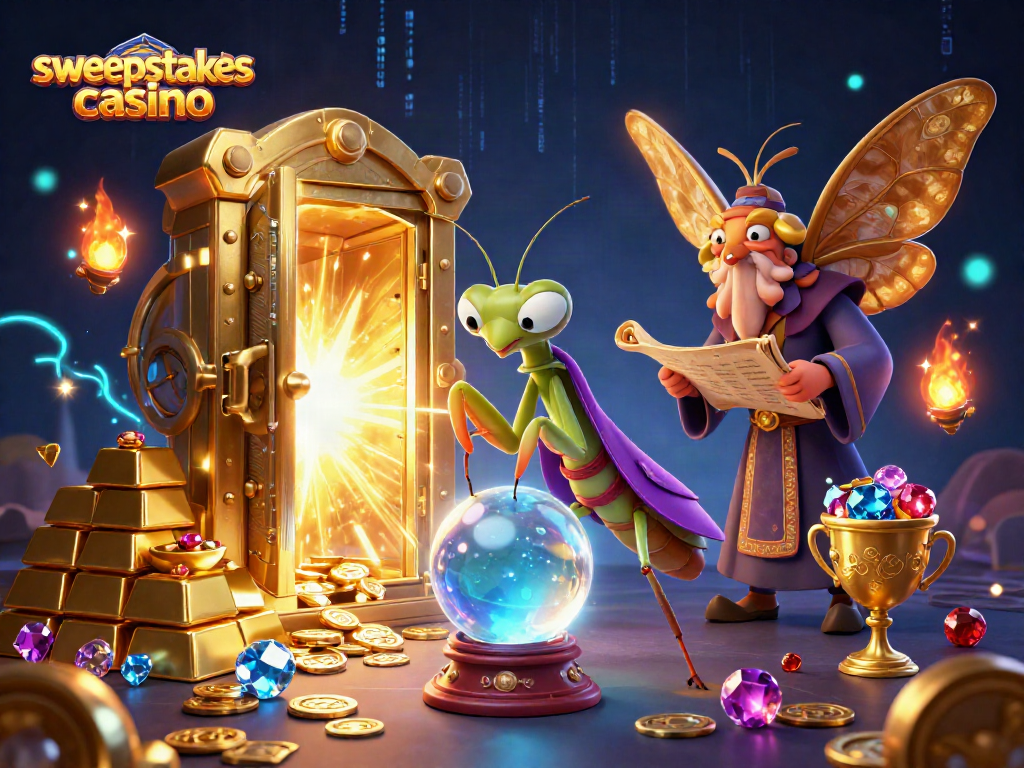 Engage with sweepstakes casino excitement through a mystical scene of fortune-telling and treasure.