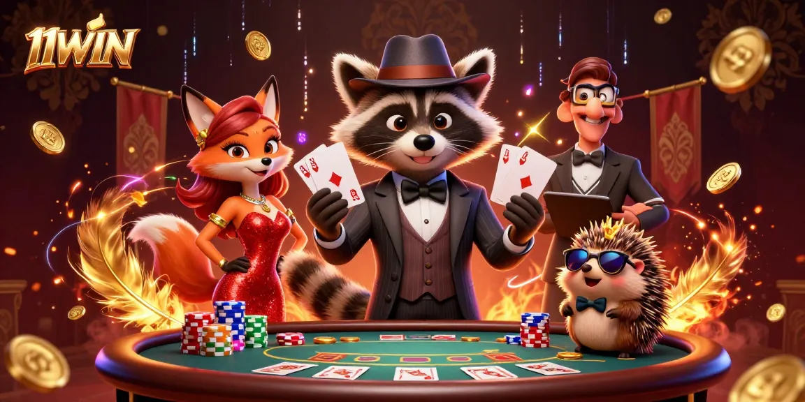 Engage with 11WIN through a vibrant poker scene featuring charismatic characters and dynamic elements.