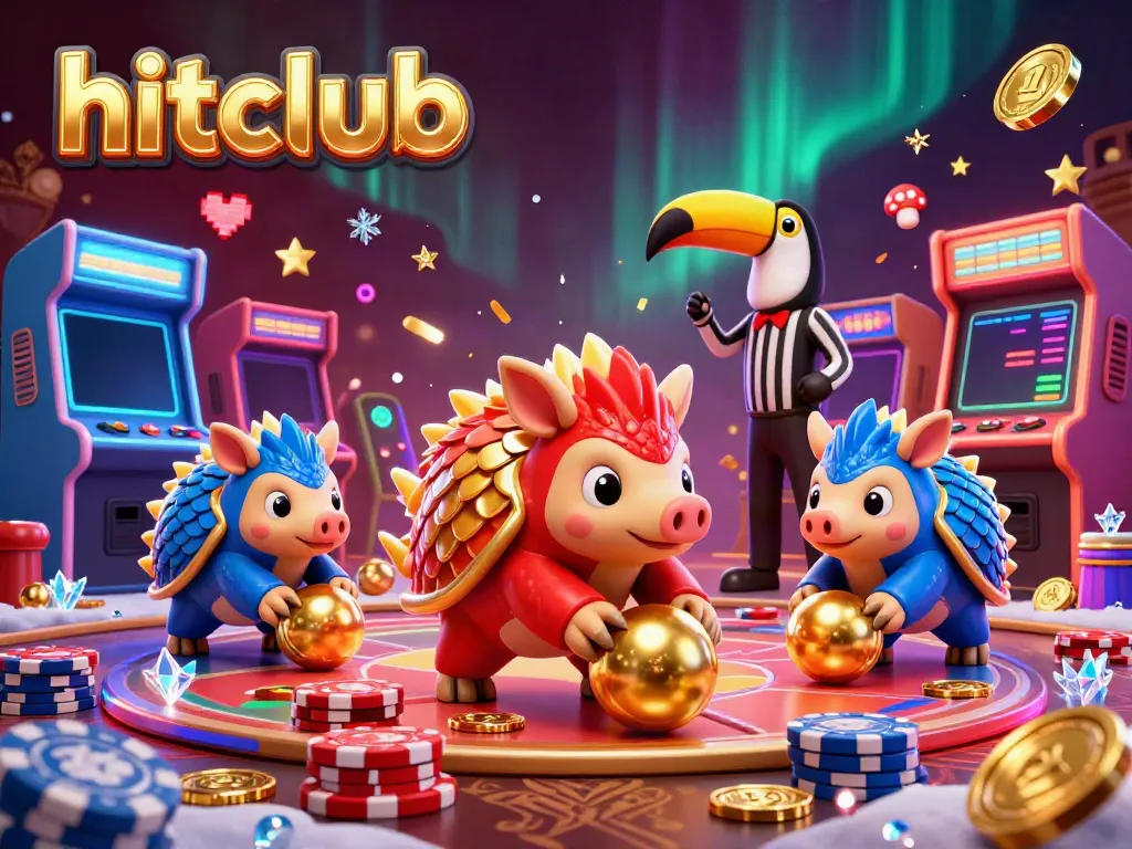 hitclub pangolins rolling golden balls through poker chips in vibrant casino scene
