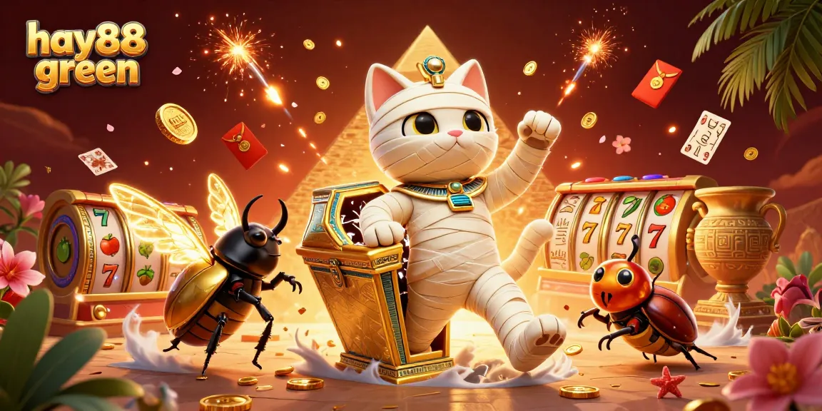 Experience thrilling slots at hay88 green with vibrant mummies, golden sarcophagi, and dynamic casino elements.