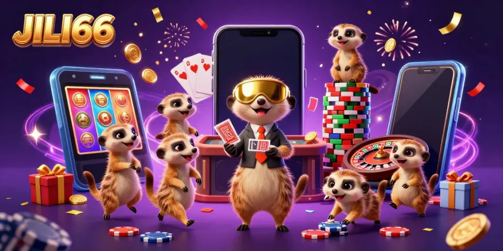 Experience the excitement of JILI66 with vibrant meerkats managing a lively casino scene.
