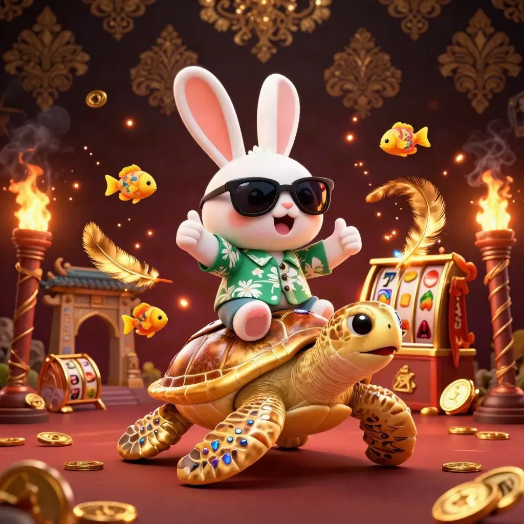 Lucky rabbit rides a golden turtle amid casino symbols, temple gate, and glowing treasure.