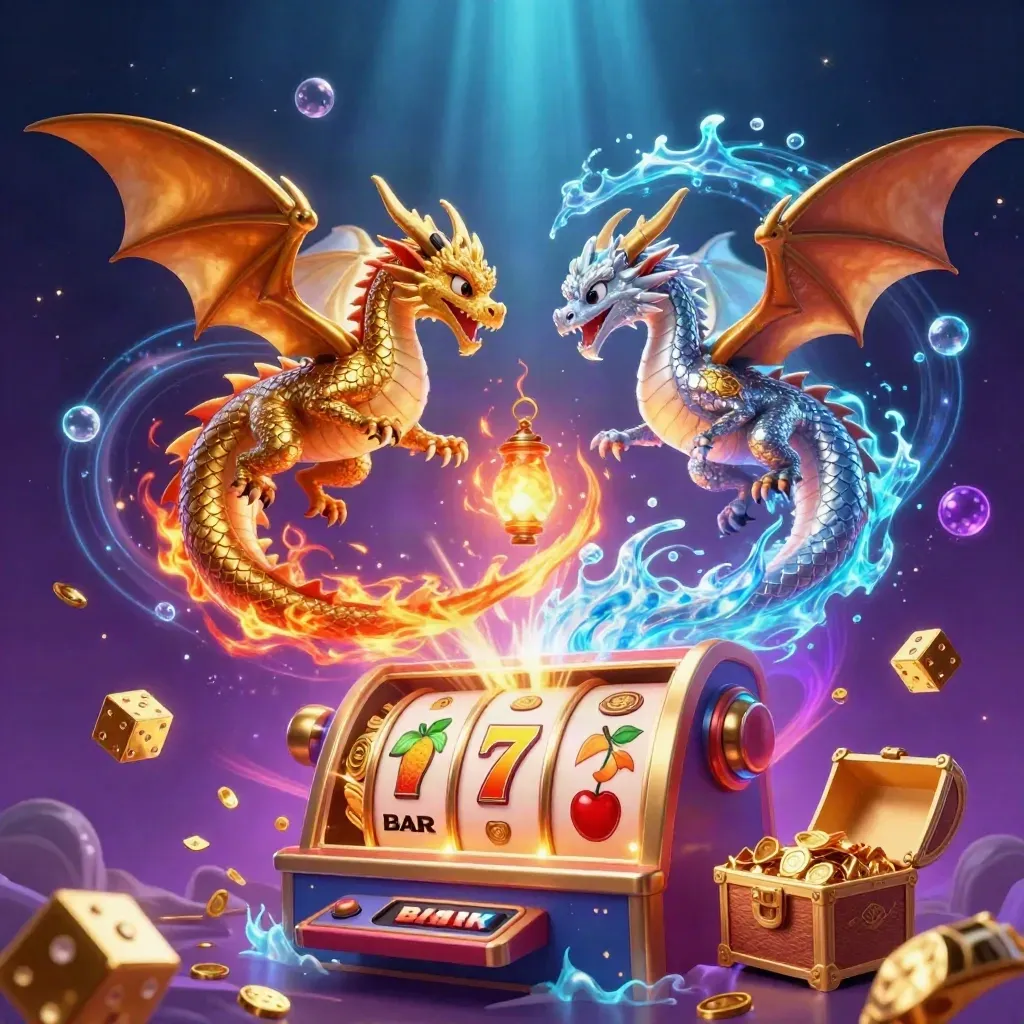 Twin gold and silver dragons spiral through treasure, glowing reels, and a tiny lantern spirit in neon light.