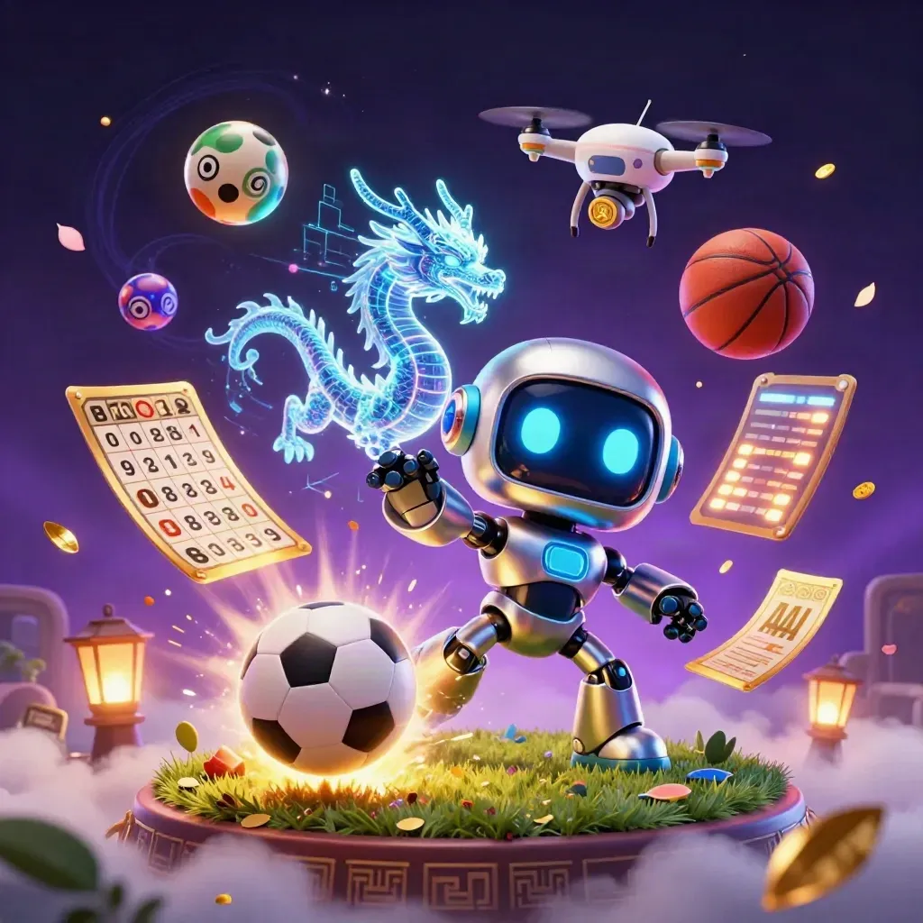 Cyberpunk robot, dragon, and drone amid flying balls, petals, and casino glow.