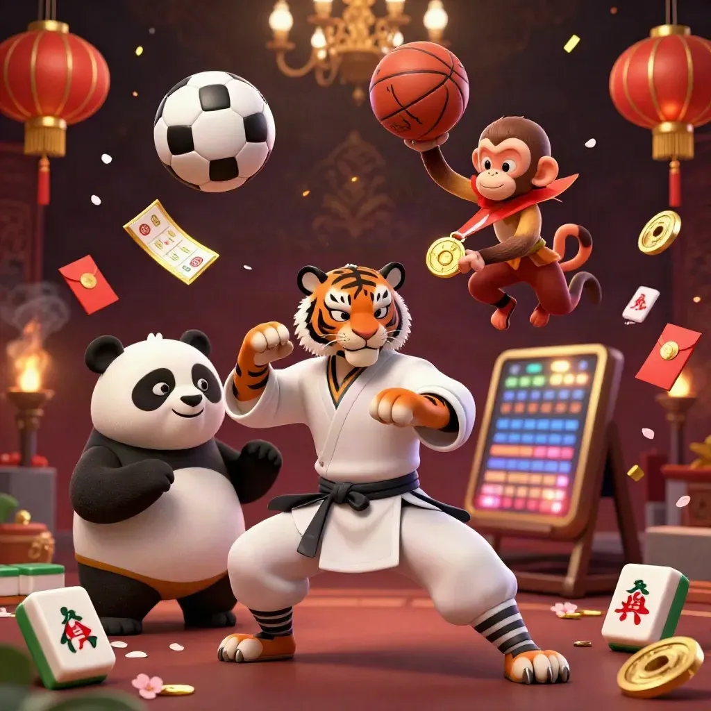 Low-angle kung-fu tiger, panda, and monkey amid casino sports props and gold lights.