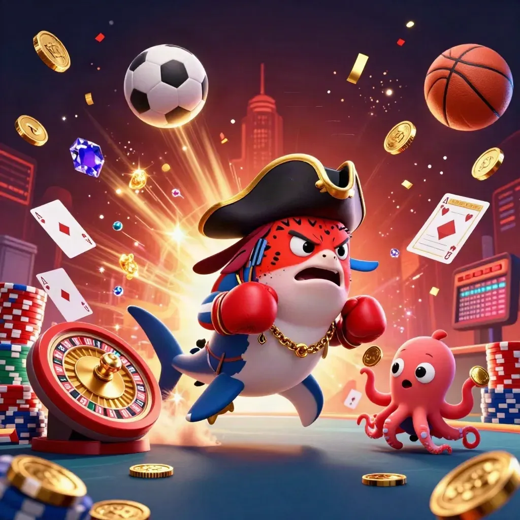 Pirate shark, pufferfish and octopus amid casino coins, chips, roulette, sports balls and glowing effects.