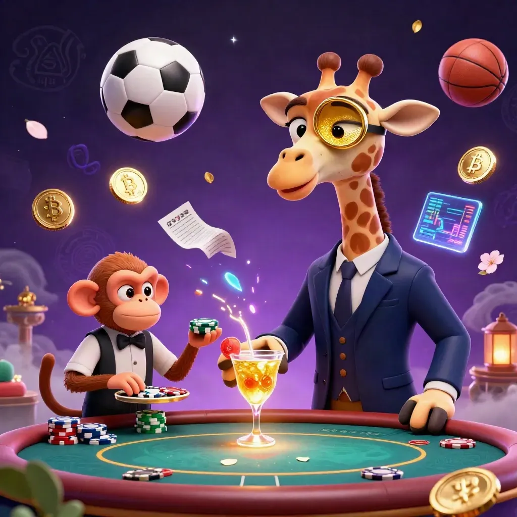 Giraffe, monkey, and chameleon amid crypto coins, sports balls, and casino glow.