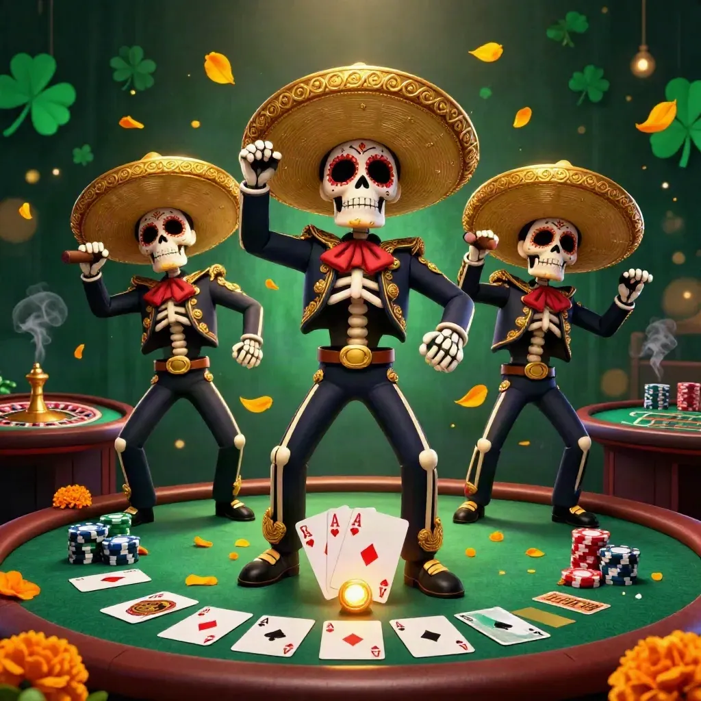 Skeleton mariachi trio amid casino tables, chips, cards, and golden lights