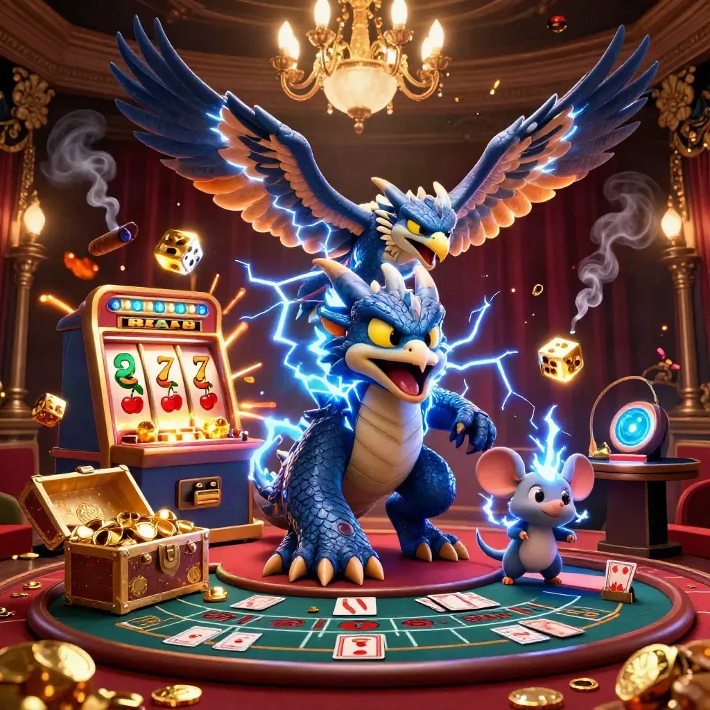 Thunder dragon, wind hawk, and crackling mouse amid slot jackpots and casino glow.