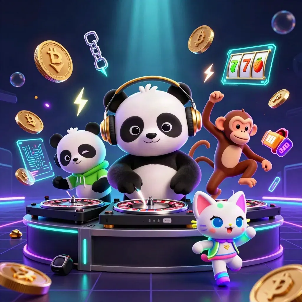 DJ panda, monkey, and glow-stick kitten in a neon casino splash scene with coins and reels