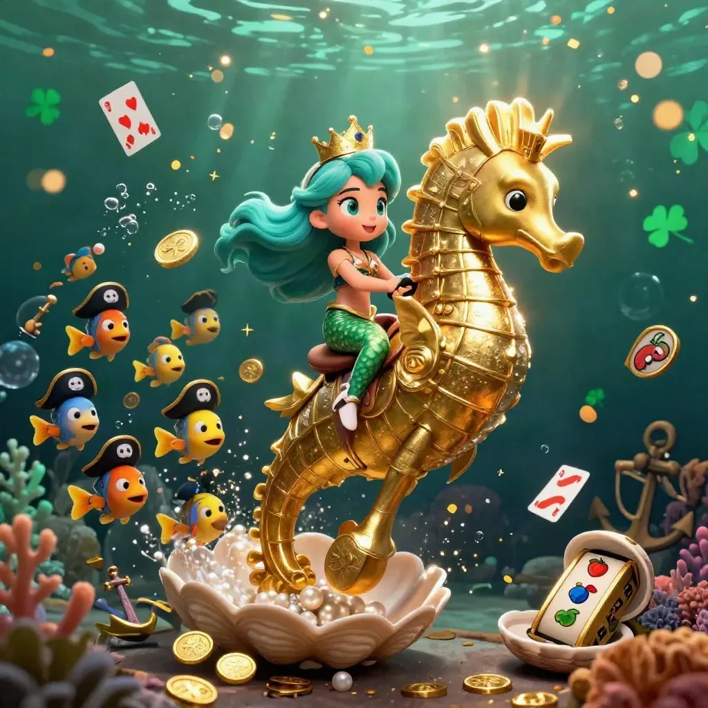 Mermaid princess on armored seahorse amid treasure, coral, coins, cards, and pirate fish.