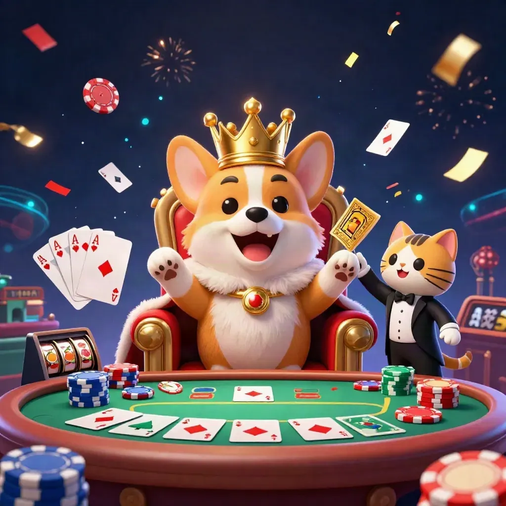 Royal corgi and cat butler amid poker chips, cards, reels, confetti, and neon casino magic.