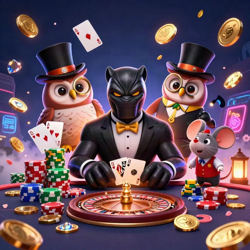 Panther, owl, and mouse in a luxe casino burst with coins, chips, gems, and glowing runes.