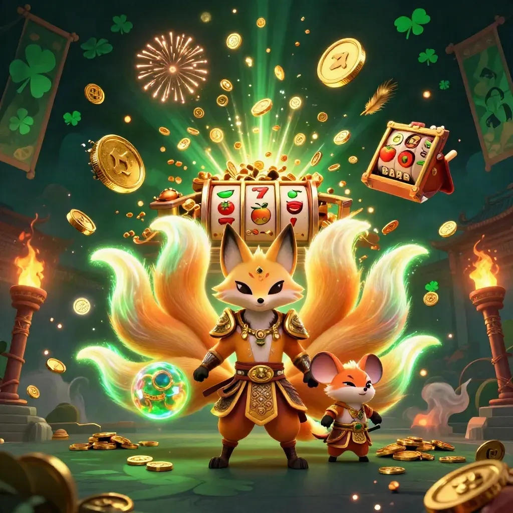 Neon fox spirit and armored mouse amid vault burst, coins, reels, temple gate and fireworks.