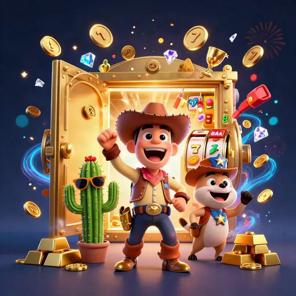 Cowboy T-Rex and friends burst from a gold vault amid coins, gems, fireworks, and slot symbols.