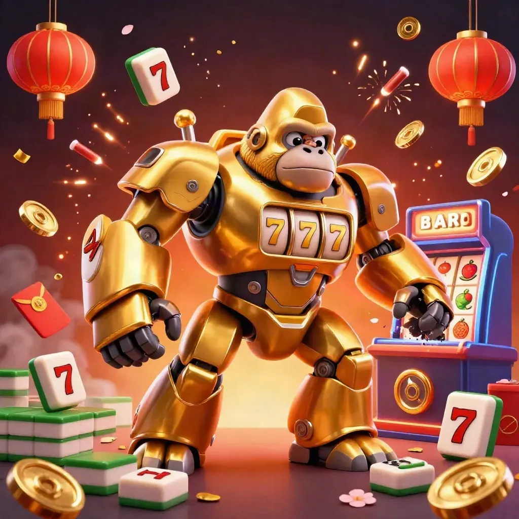 Golden gorilla mech with monkey pilot, coins, lanterns, fireworks, and jackpot treasure bursting around it