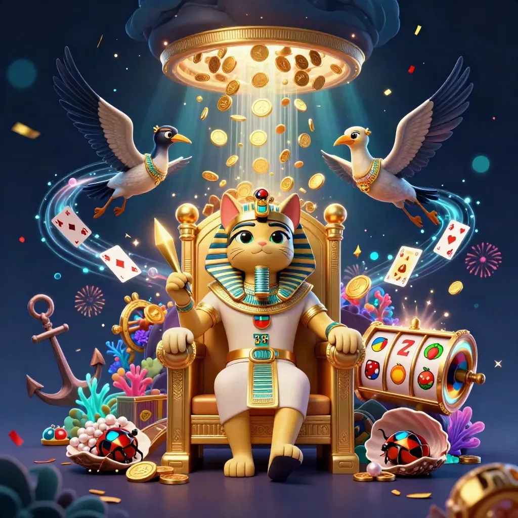 Pharaoh cat, ibis scribe, and scarabs amid treasure bursts, coral, reels, and fireworks in dark casino glow.