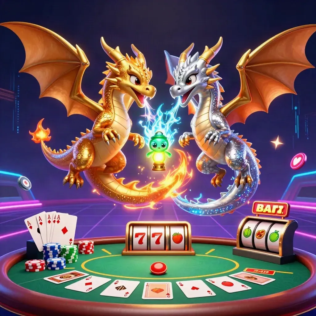 Gold and silver dragons orbit a lantern spirit amid casino chips, reels, and neon energy.