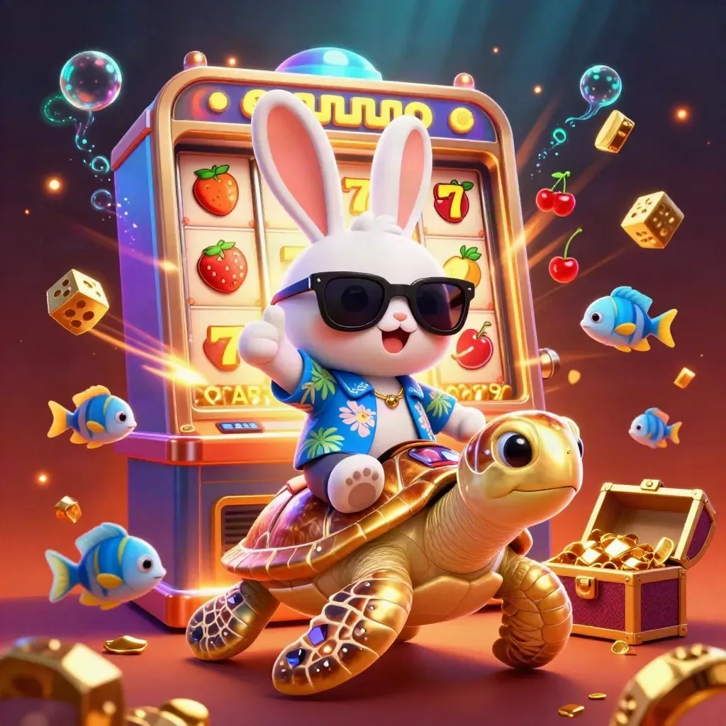 Rabbit on a gold sea turtle amid slot symbols, treasure, and glowing casino magic.