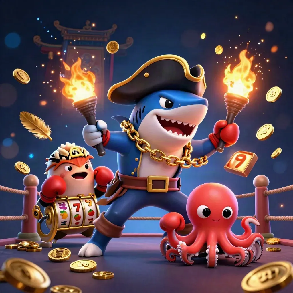 Pirate shark, boxing pufferfish, and coin-juggling baby octopus in a glowing casino key art scene.