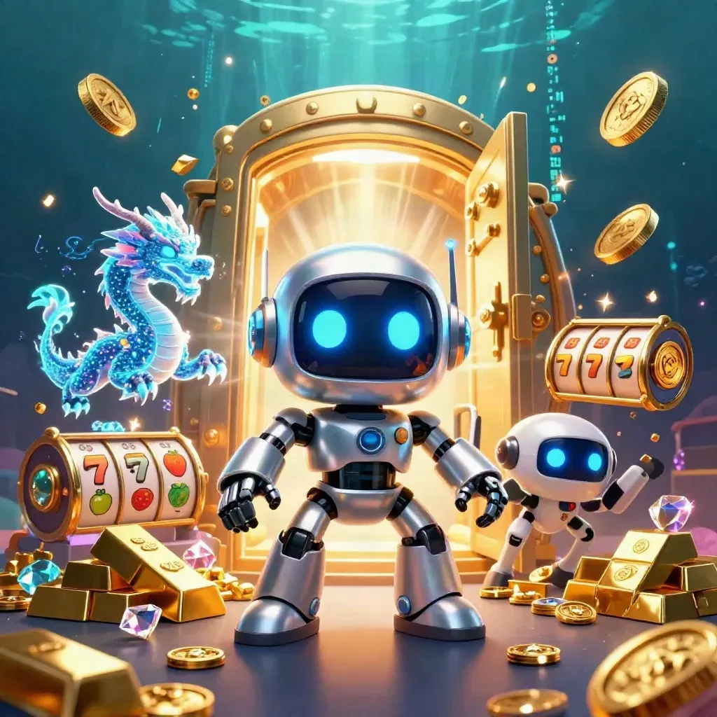 Robot, holographic dragon, and coin drone amid a bursting vault, gold, gems, and slot symbols.
