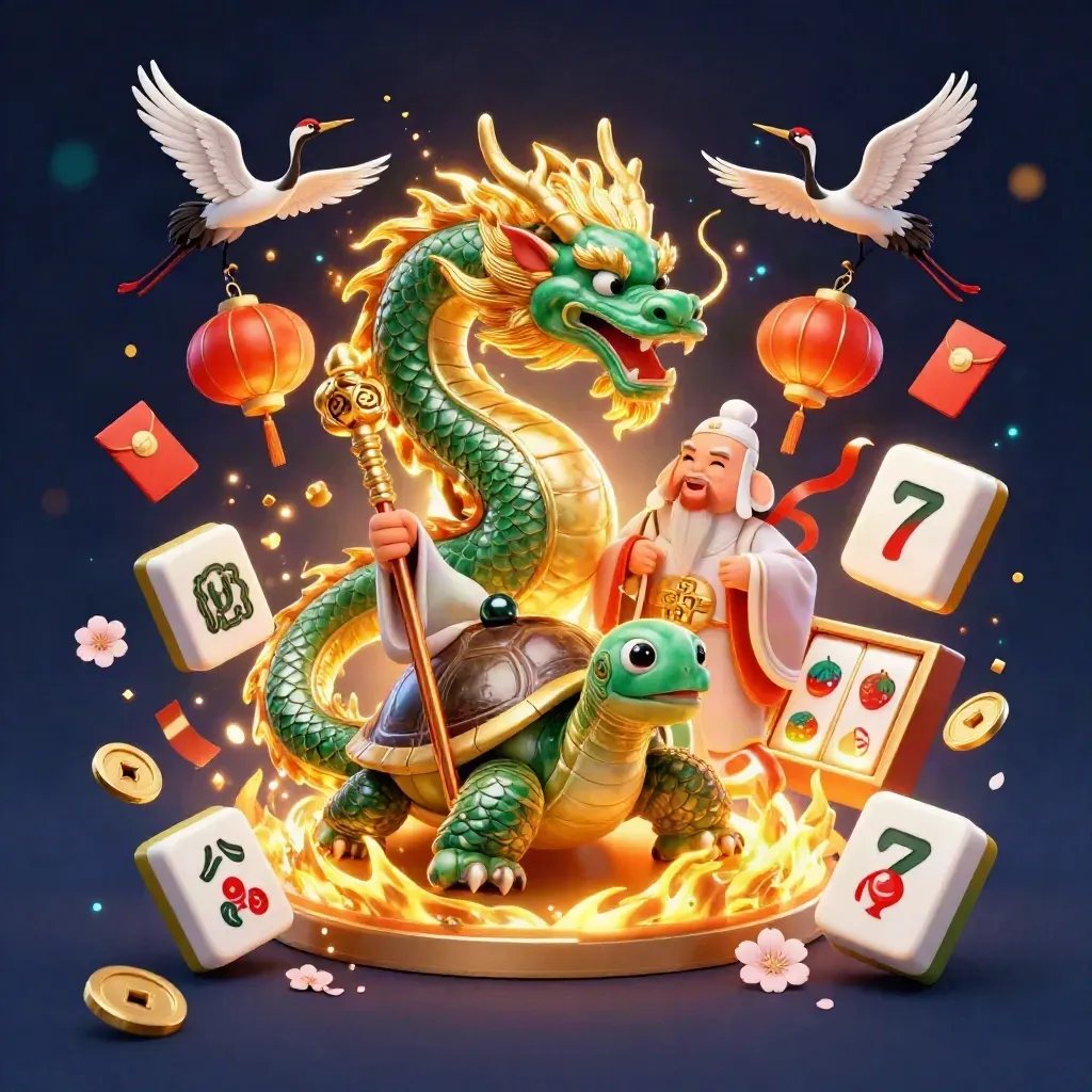 Emerald jade dragon, turtle sage, and cranes amid gold casino magic and slot symbols