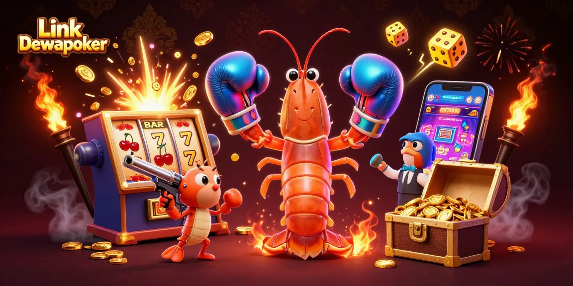 Spin to win with Link Dewapoker, featuring vibrant 3D shrimp characters and slot machine excitement.