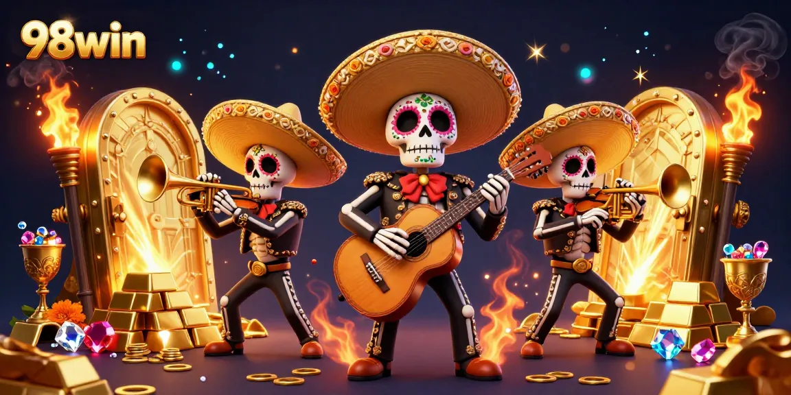 Engaging in thrilling 98win casino games with vibrant Day of the Dead mariachi band amidst treasure.