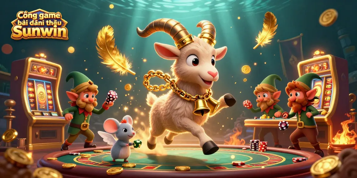 Cổng game bài đổi thưởng Sunwin features a scene with a Krampus goat running a live casino, maintaining excitement and chaos with angel mice and elf gremlins stealing chips.