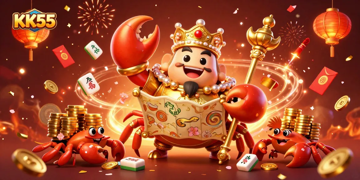 Engage in winning strategies at KK55 with an animated 3D casino scene featuring a regal crab and vibrant game elements.