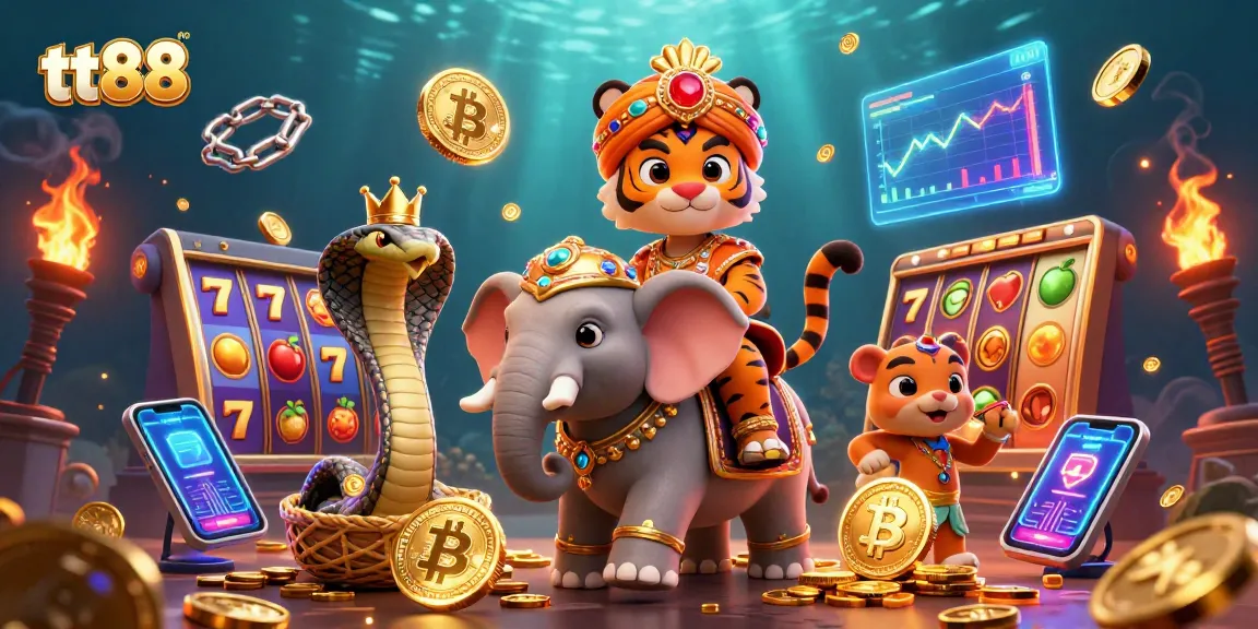 Experience the excitement of tt88 with a vibrant 3D casino scene featuring a jewel-encrusted elephant and crypto elements.