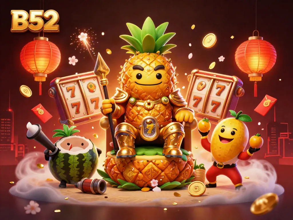 Experience the excitement of B52 with a vibrant casino scene featuring the golden pineapple king and dynamic gaming elements.