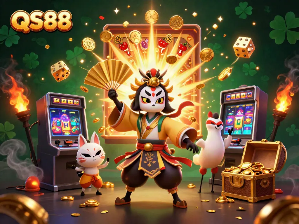 Immerse in QS88's vibrant casino scene featuring an engaging kabuki warrior and captivating game elements.