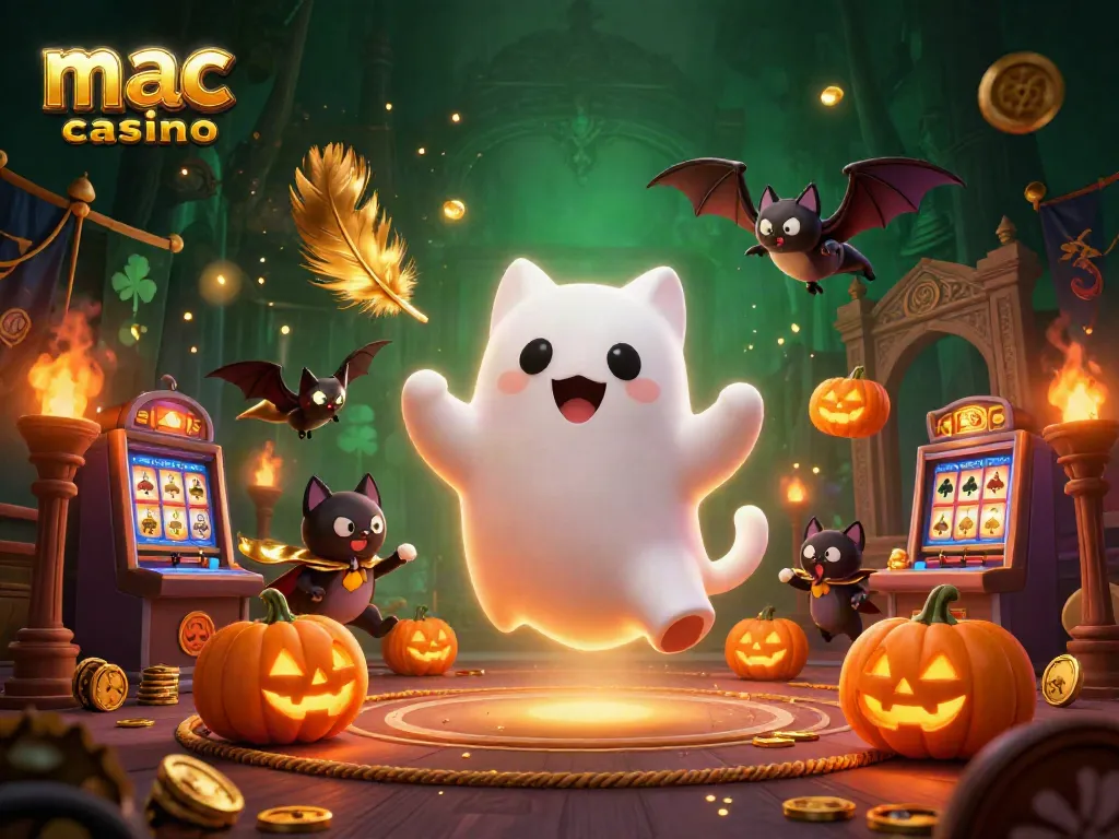 Experience the vibrant action in a mac online casino with our lively ghost cat character and casino-themed elements.