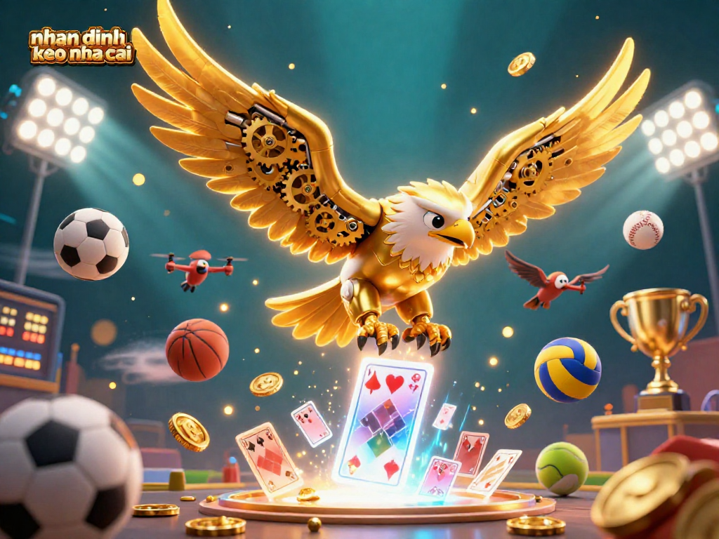Experience the thrill of nhan dinh keo nha cai with dynamic sports balls and a golden eagle diving through cards.