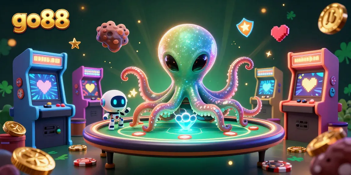 Experience the excitement of go88 with a cosmic gambling scene featuring an alien octopus at a poker table.