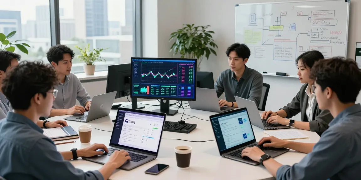 Kinetiq Hyperliquid blockchain developers collaborating in a modern DeFi workspace, showcasing dynamic digital finance applications.