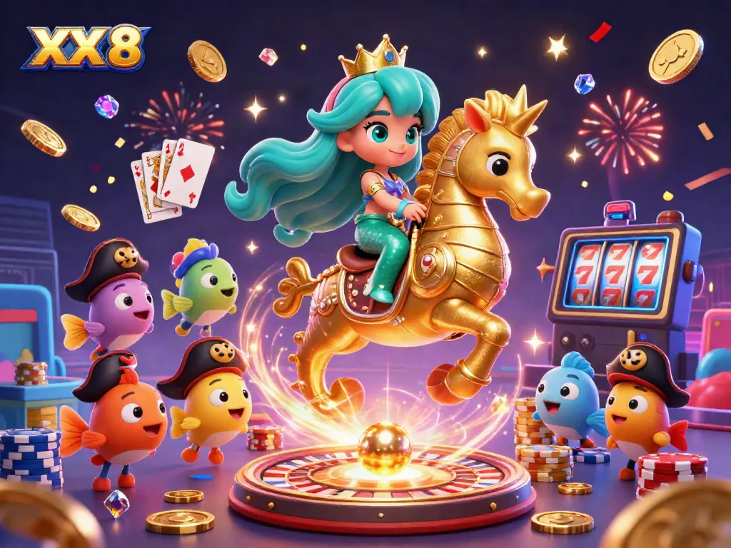 Engage in the thrill of XX 8 with a vibrant, colorful 3D casino scene featuring a mermaid princess, seahorse, and treasure.
