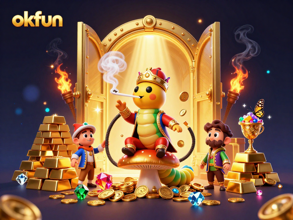 okfun features a vibrant 3D casino illustration with a caterpillar master and poker symbols
