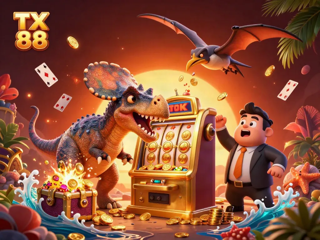 Experience excitement with TX 88 as cartoon characters claim jackpot coins amid vibrant casino elements.